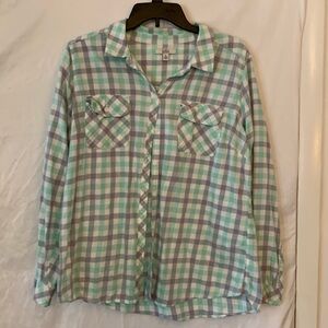 Never wore flannel shirt, gray green white stripe, very good Croft barrow
